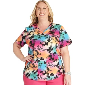 Cherokee Genuine Printed Scrubs for Women V-Neck Top 3 Pockets | Recycled Polyester Blend, Modern Classic Fit, Shaping Darts, Side Vents, Pediatric Clinic Shifts(Garden Rainbow)