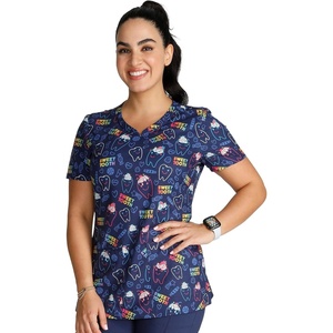 Cherokee Genuine Printed Scrubs for Women V-Neck Top 3 Pockets | Recycled Polyester Blend, Modern Classic Fit, Shaping Darts, Side Vents, Pediatric Clinic Shifts(Sweet Tooth)