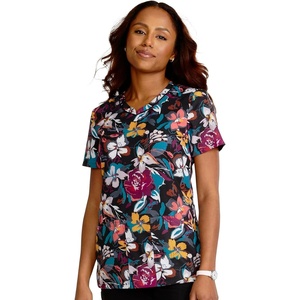 Cherokee Genuine Printed Scrubs for Women V-Neck Top 3 Pockets | Recycled Polyester Blend, Modern Classic Fit, Shaping Darts, Side Vents, Pediatric Clinic Shifts(Artful Blooms)