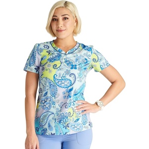 Cherokee Genuine Printed Scrubs for Women V-Neck Top 3 Pockets | Recycled Polyester Blend, Modern Classic Fit, Shaping Darts, Side Vents, Pediatric Clinic Shifts(Paisley Punch)