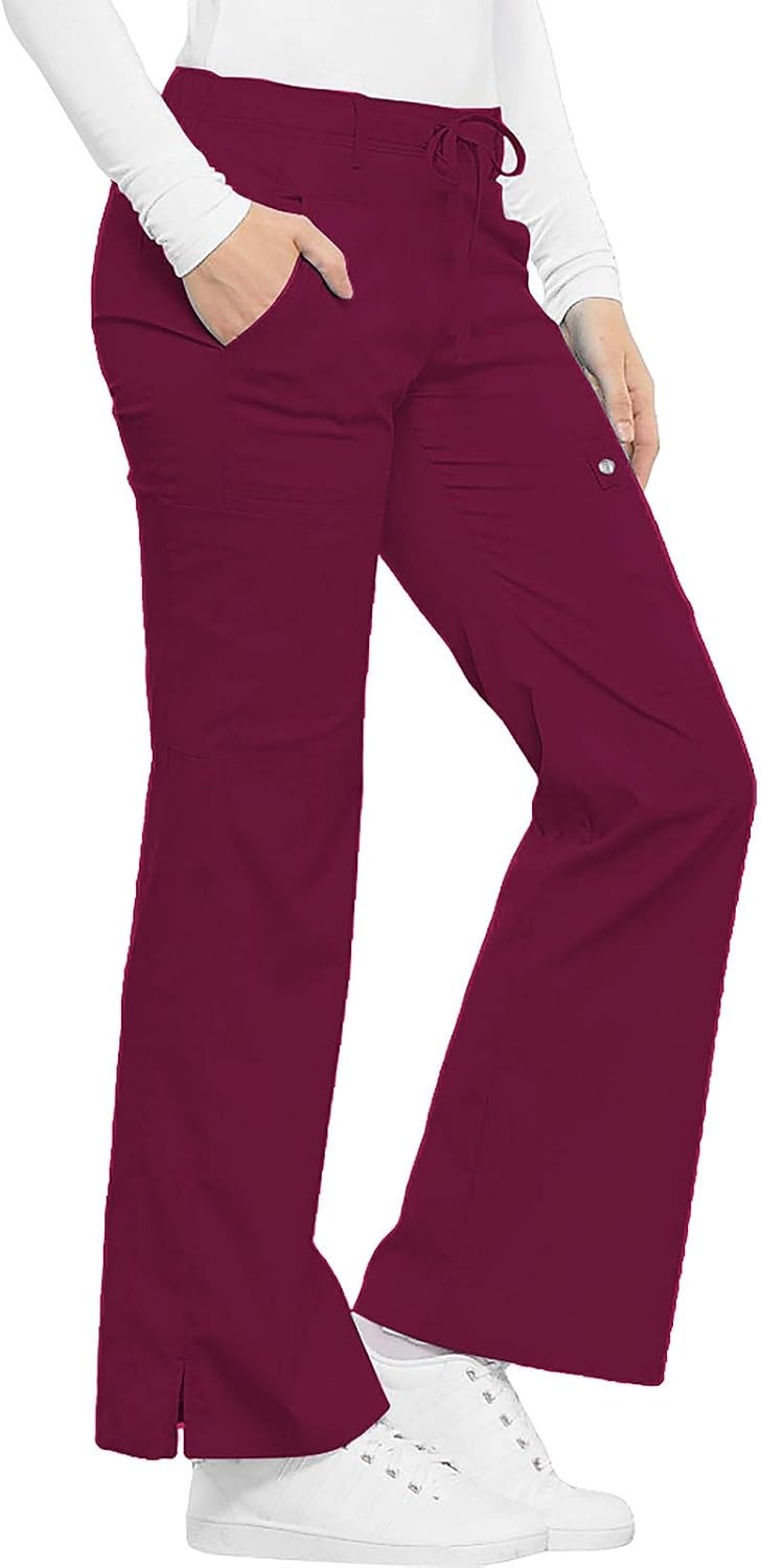 image:imageCherokee Luxe Women Scrubs Pant Low Rise Flare Leg Drawstring Cargo 21100 Contemporary Fit Elastic Back Waist Hip Yoke Instrument Loop Side Vents DoubleNeedle Stitching WorkwearWine