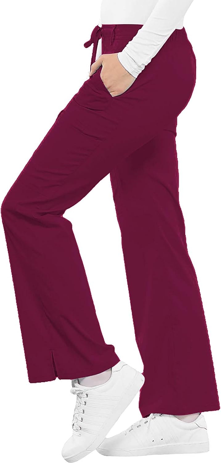 image:imageCherokee Luxe Women Scrubs Pant Low Rise Flare Leg Drawstring Cargo 21100 Contemporary Fit Elastic Back Waist Hip Yoke Instrument Loop Side Vents DoubleNeedle Stitching WorkwearWine