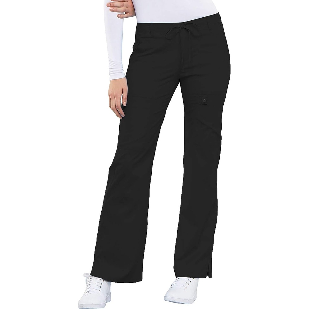 image:imageCherokee Luxe Women Scrubs Pant Low Rise Flare Leg Drawstring Cargo 21100 Contemporary Fit Elastic Back Waist Hip Yoke Instrument Loop Side Vents DoubleNeedle Stitching WorkwearBlack