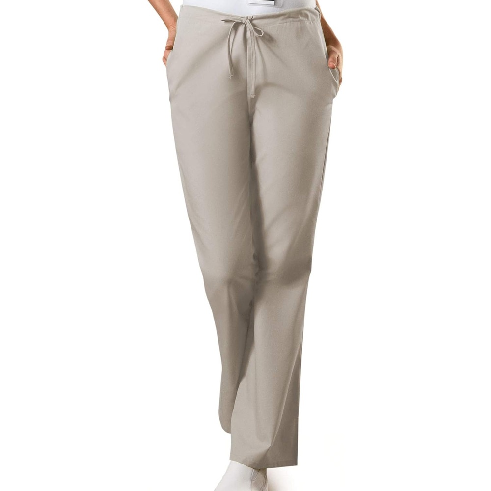 image:imageCherokee WW Originals Scrub Pants for Women Flare Leg 3 Pockets PolyCotton Poplin Fade Resistant Drawstring amp Elastic Waist Durable Fabric Easy Care Healthcare And Service WorkKhaki