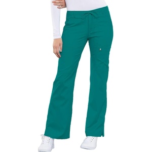 Cherokee Luxe Women Scrubs Pant Low Rise Flare Leg Drawstring Cargo 21100 | Contemporary Fit, Elastic Back Waist, Hip Yoke, Instrument Loop, Side Vents, Double-Needle Stitching, Workwear(Teal)