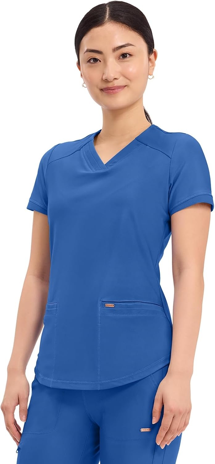 image:imageCherokee Scrub Top Women VNeck Classic Fit 2 Pocket Form Medical Scrubs Moisture Wicking Fabric Easy Care Curved Hemline Power Mesh Details Angled Yoke Panels Princess SeamsRoyal