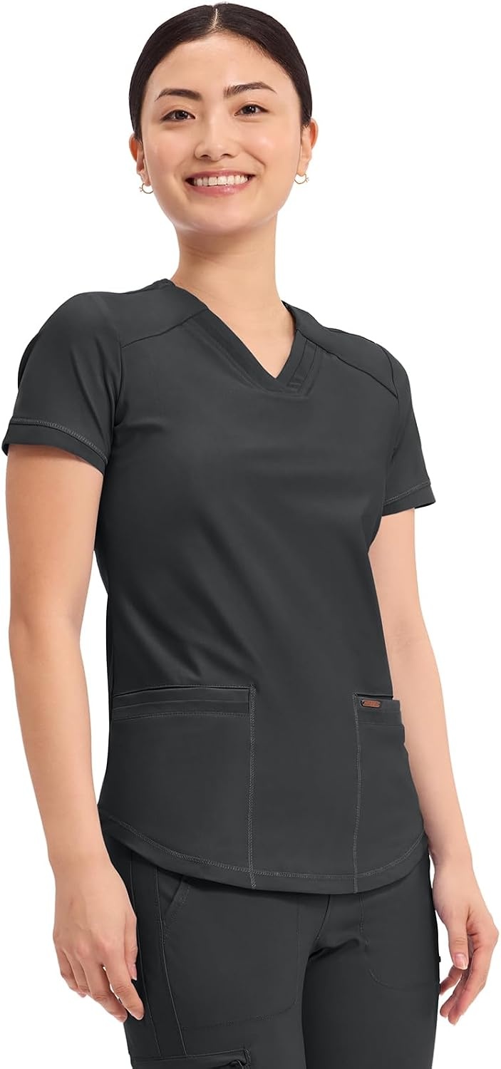 image:imageCherokee Scrub Top Women VNeck Classic Fit 2 Pocket Form Medical Scrubs Moisture Wicking Fabric Easy Care Curved Hemline Power Mesh Details Angled Yoke Panels Princess SeamsBlack