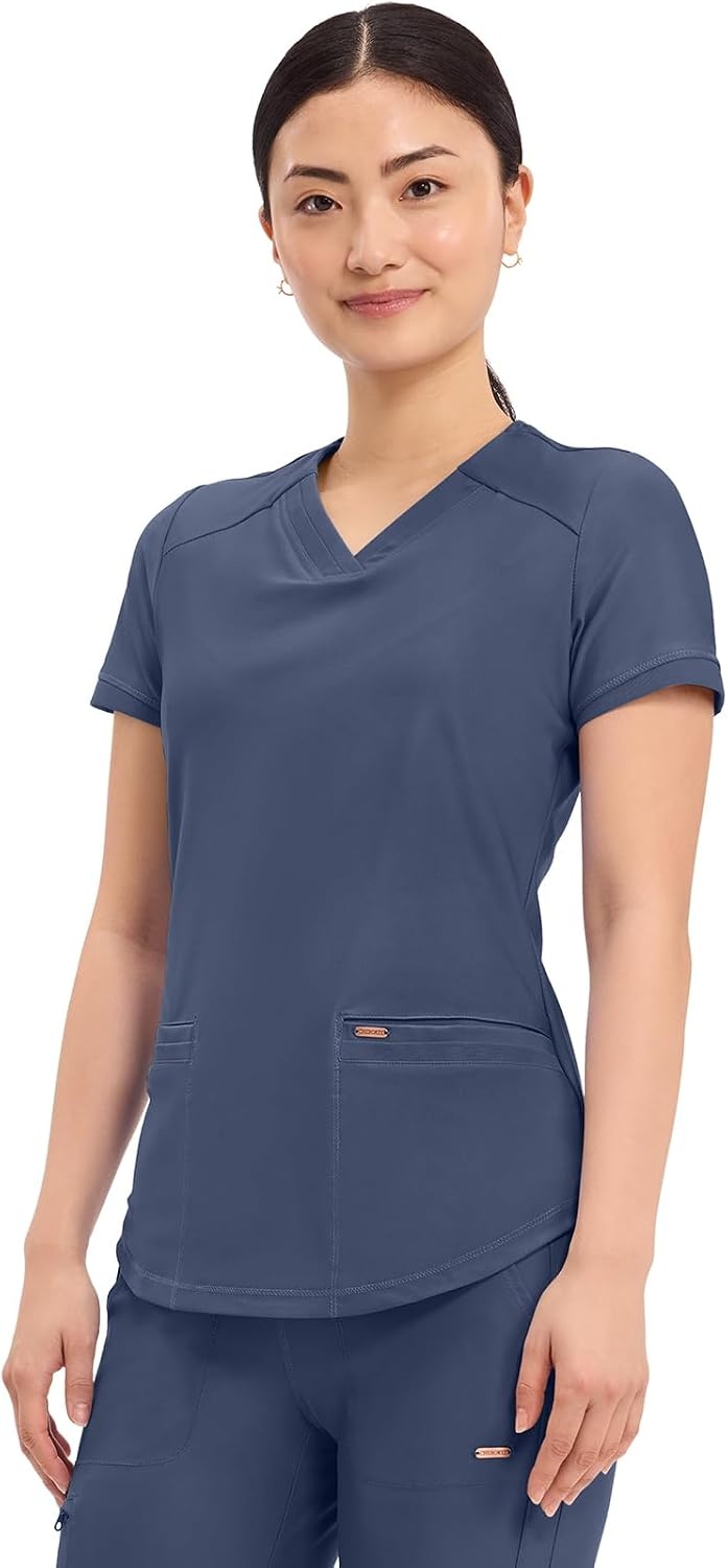 image:imageCherokee Scrub Top Women VNeck Classic Fit 2 Pocket Form Medical Scrubs Moisture Wicking Fabric Easy Care Curved Hemline Power Mesh Details Angled Yoke Panels Princess SeamsNavy