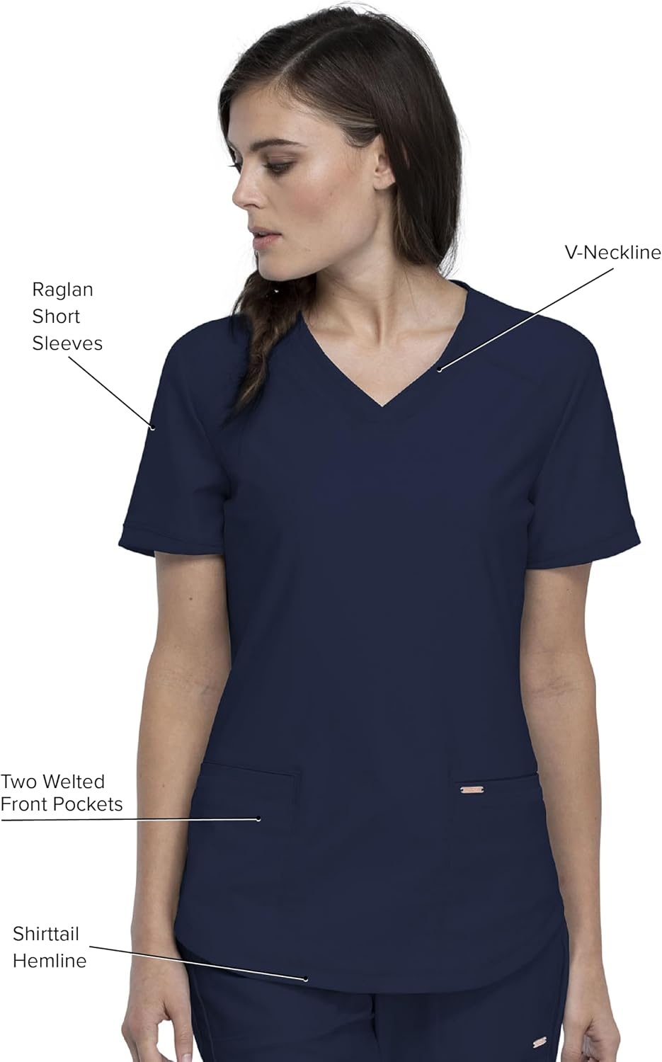 image:imageCherokee Scrub Top Women VNeck Classic Fit 2 Pocket Form Medical Scrubs Moisture Wicking Fabric Easy Care Curved Hemline Power Mesh Details Angled Yoke Panels Princess SeamsNavy