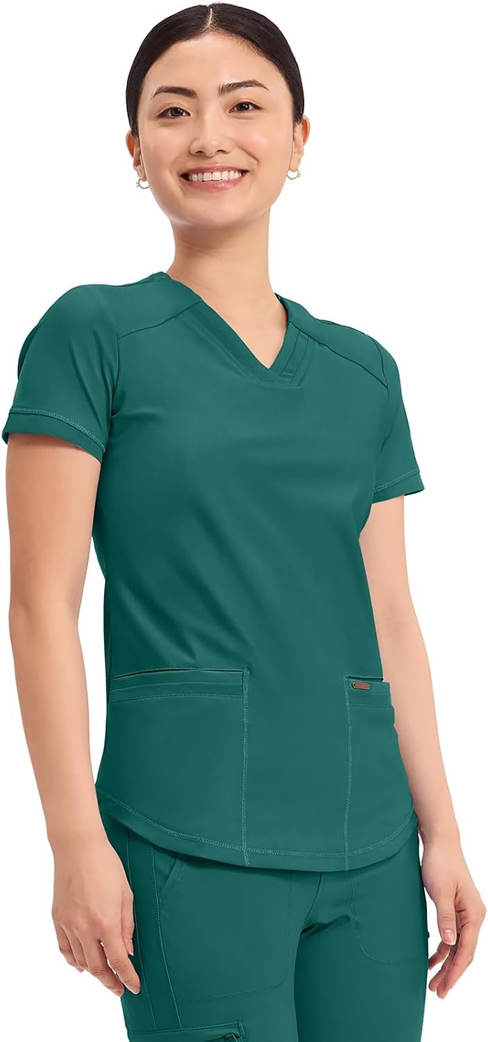 image:imageCherokee Scrub Top Women VNeck Classic Fit 2 Pocket Form Medical Scrubs Moisture Wicking Fabric Easy Care Curved Hemline Power Mesh Details Angled Yoke Panels Princess SeamsHunter Green