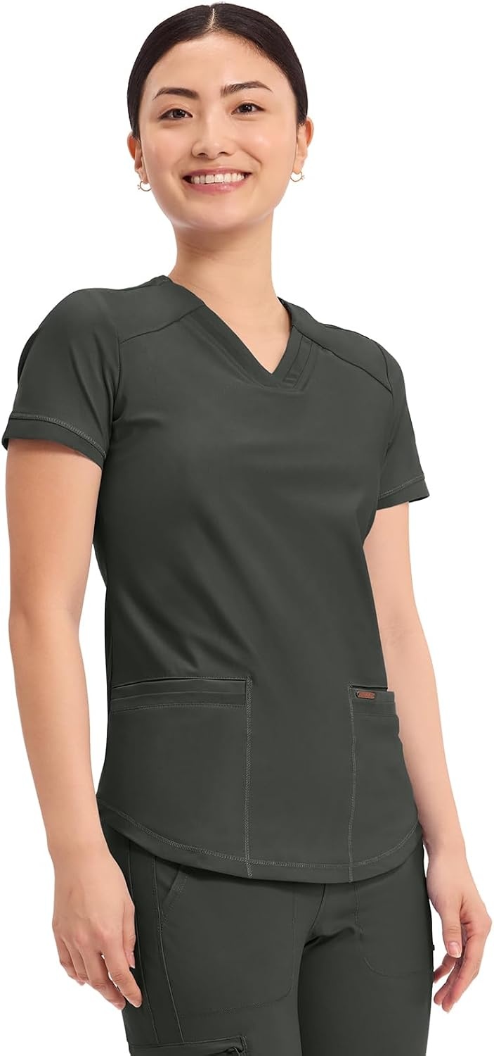 image:imageCherokee Scrub Top Women VNeck Classic Fit 2 Pocket Form Medical Scrubs Moisture Wicking Fabric Easy Care Curved Hemline Power Mesh Details Angled Yoke Panels Princess SeamsOlive Branch