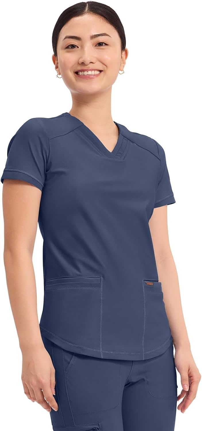 image:imageCherokee Scrub Top Women VNeck Classic Fit 2 Pocket Form Medical Scrubs Moisture Wicking Fabric Easy Care Curved Hemline Power Mesh Details Angled Yoke Panels Princess SeamsNavy