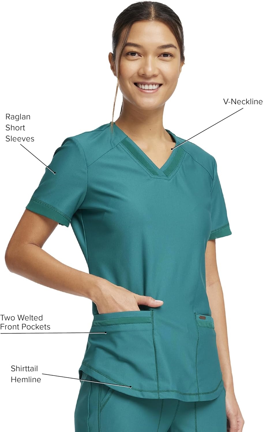 image:imageCherokee Scrub Top Women VNeck Classic Fit 2 Pocket Form Medical Scrubs Moisture Wicking Fabric Easy Care Curved Hemline Power Mesh Details Angled Yoke Panels Princess SeamsHunter Green
