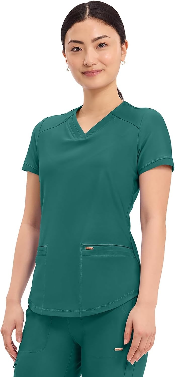 image:imageCherokee Scrub Top Women VNeck Classic Fit 2 Pocket Form Medical Scrubs Moisture Wicking Fabric Easy Care Curved Hemline Power Mesh Details Angled Yoke Panels Princess SeamsHunter Green