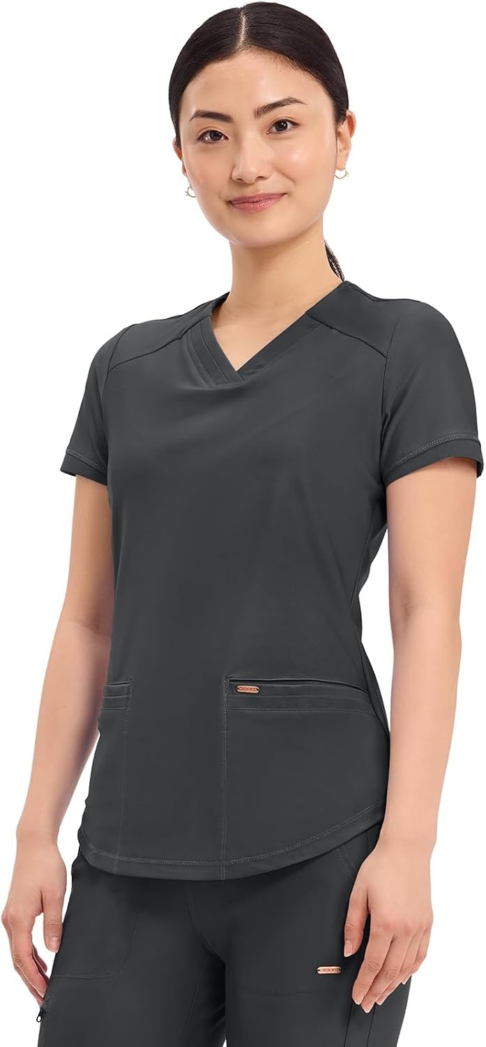 image:imageCherokee Scrub Top Women VNeck Classic Fit 2 Pocket Form Medical Scrubs Moisture Wicking Fabric Easy Care Curved Hemline Power Mesh Details Angled Yoke Panels Princess SeamsBlack