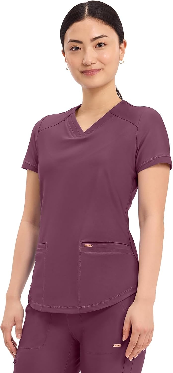 image:imageCherokee Scrub Top Women VNeck Classic Fit 2 Pocket Form Medical Scrubs Moisture Wicking Fabric Easy Care Curved Hemline Power Mesh Details Angled Yoke Panels Princess SeamsWine