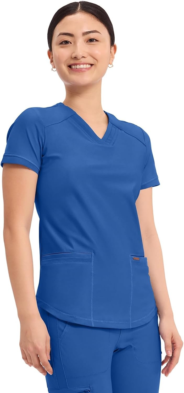 image:imageCherokee Scrub Top Women VNeck Classic Fit 2 Pocket Form Medical Scrubs Moisture Wicking Fabric Easy Care Curved Hemline Power Mesh Details Angled Yoke Panels Princess SeamsRoyal