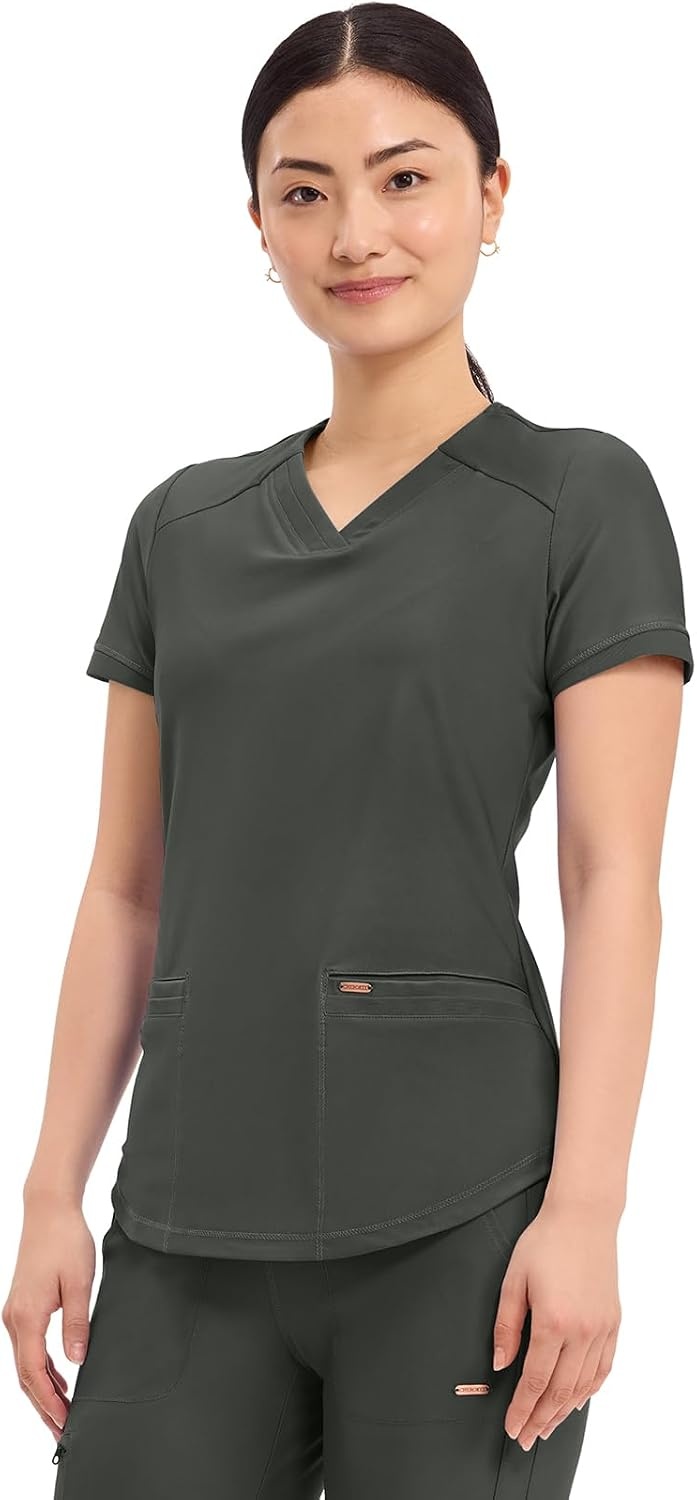 image:imageCherokee Scrub Top Women VNeck Classic Fit 2 Pocket Form Medical Scrubs Moisture Wicking Fabric Easy Care Curved Hemline Power Mesh Details Angled Yoke Panels Princess SeamsOlive Branch