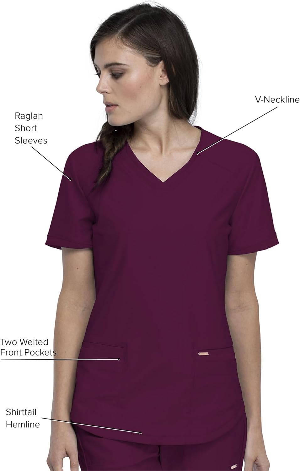 image:imageCherokee Scrub Top Women VNeck Classic Fit 2 Pocket Form Medical Scrubs Moisture Wicking Fabric Easy Care Curved Hemline Power Mesh Details Angled Yoke Panels Princess SeamsWine