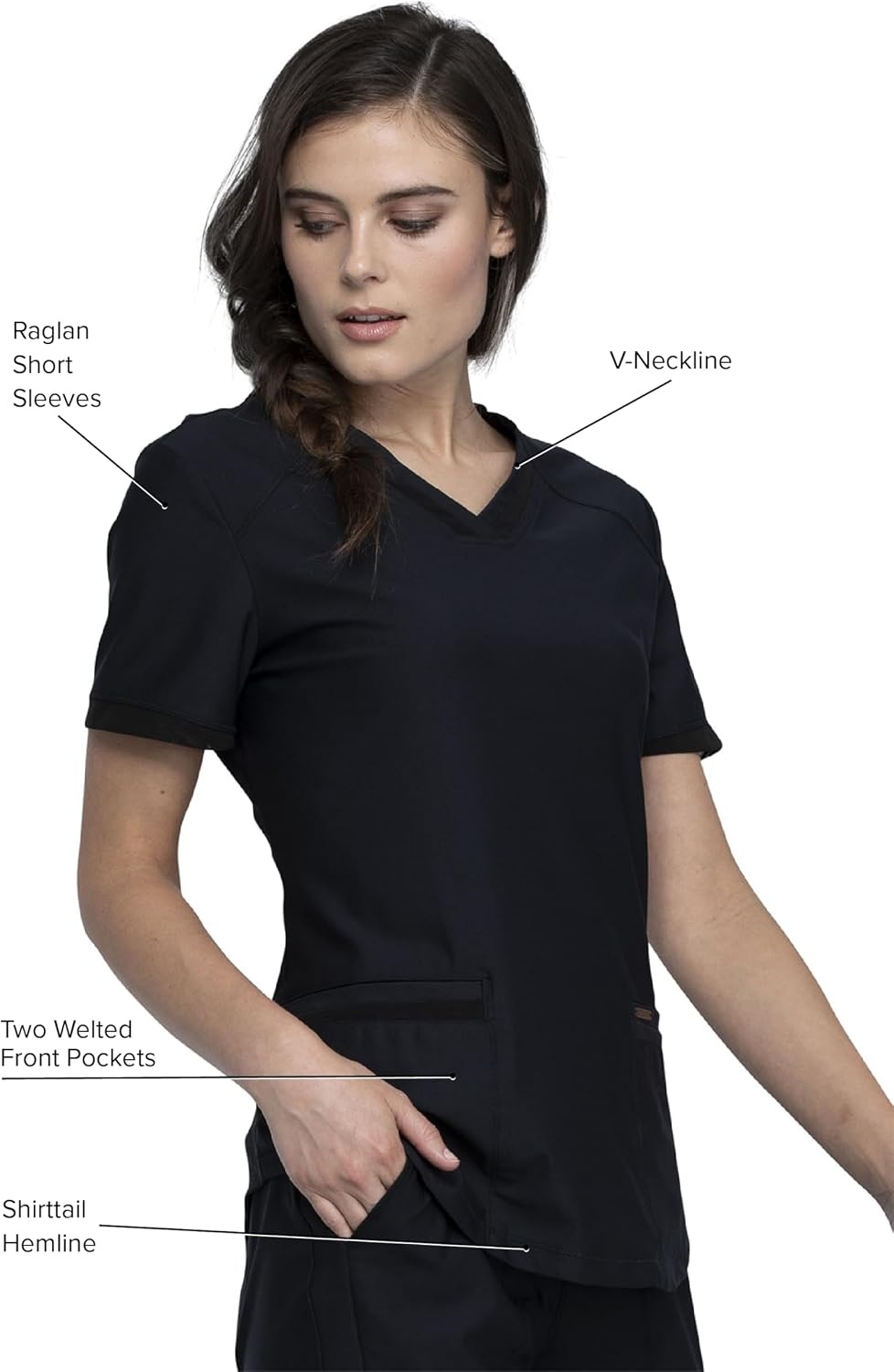 image:imageCherokee Scrub Top Women VNeck Classic Fit 2 Pocket Form Medical Scrubs Moisture Wicking Fabric Easy Care Curved Hemline Power Mesh Details Angled Yoke Panels Princess SeamsBlack