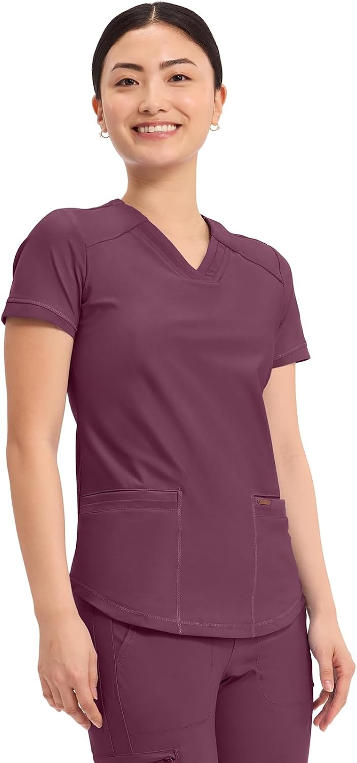 image:imageCherokee Scrub Top Women VNeck Classic Fit 2 Pocket Form Medical Scrubs Moisture Wicking Fabric Easy Care Curved Hemline Power Mesh Details Angled Yoke Panels Princess SeamsWine