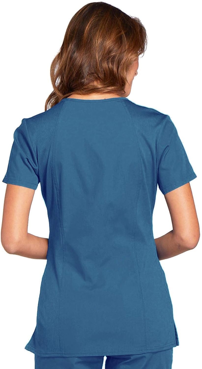 image:imageCherokee WW Originals Womens VNeck Scrub Top Nurse Shirt with 3 Pockets Poplin Fabric Fade Resistant Slim Contemporary Fit RibKnit Side Panels All Day Comfort Easy Care For Healthcare ShiftsCaribbean Blue