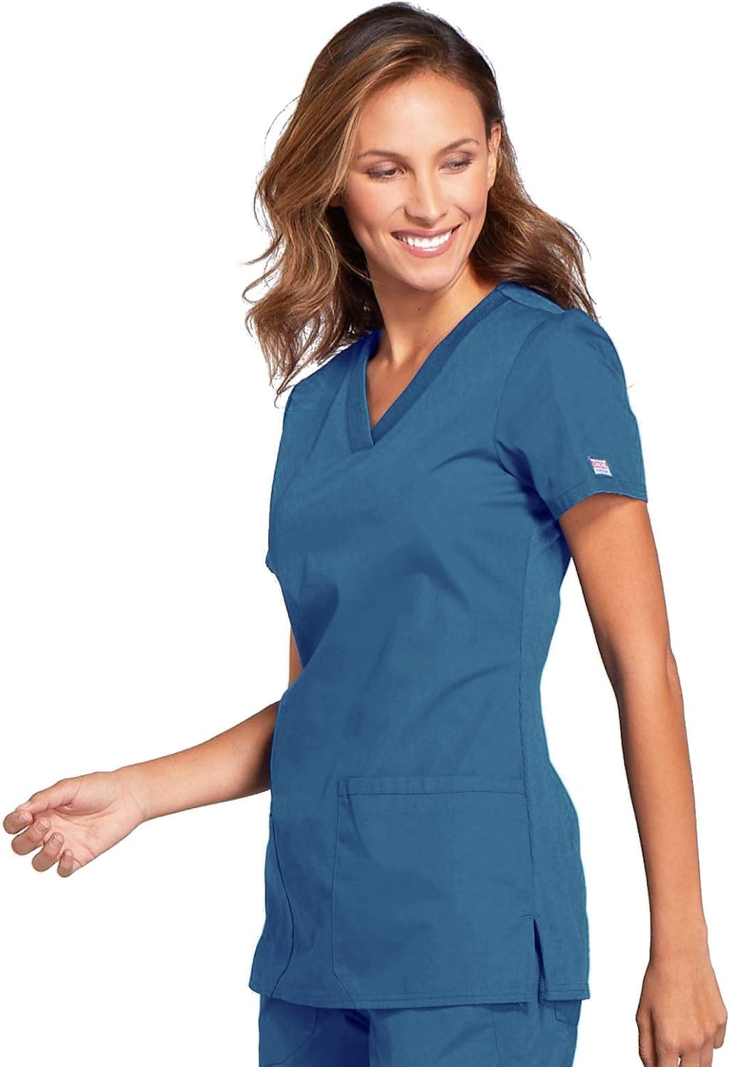 image:imageCherokee WW Originals Womens VNeck Scrub Top Nurse Shirt with 3 Pockets Poplin Fabric Fade Resistant Slim Contemporary Fit RibKnit Side Panels All Day Comfort Easy Care For Healthcare ShiftsCaribbean Blue