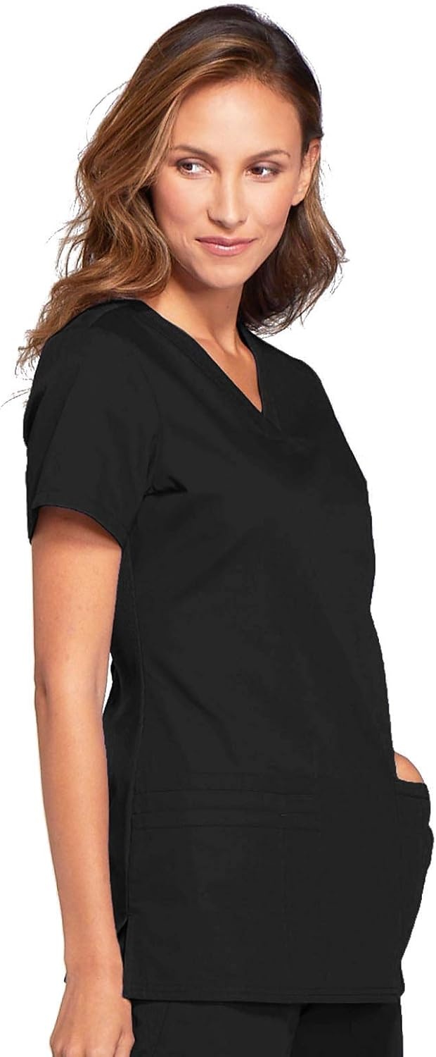 image:imageCherokee WW Originals Womens VNeck Scrub Top Nurse Shirt with 3 Pockets Poplin Fabric Fade Resistant Slim Contemporary Fit RibKnit Side Panels All Day Comfort Easy Care For Healthcare ShiftsBlack