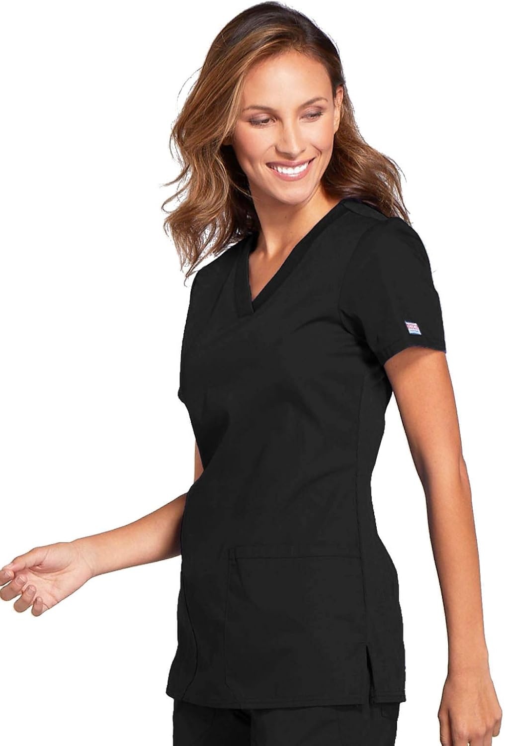 image:imageCherokee WW Originals Womens VNeck Scrub Top Nurse Shirt with 3 Pockets Poplin Fabric Fade Resistant Slim Contemporary Fit RibKnit Side Panels All Day Comfort Easy Care For Healthcare ShiftsBlack
