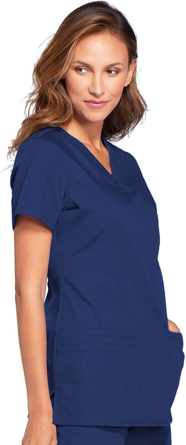 image:imageCherokee WW Originals Womens VNeck Scrub Top Nurse Shirt with 3 Pockets Poplin Fabric Fade Resistant Slim Contemporary Fit RibKnit Side Panels All Day Comfort Easy Care For Healthcare ShiftsNavy