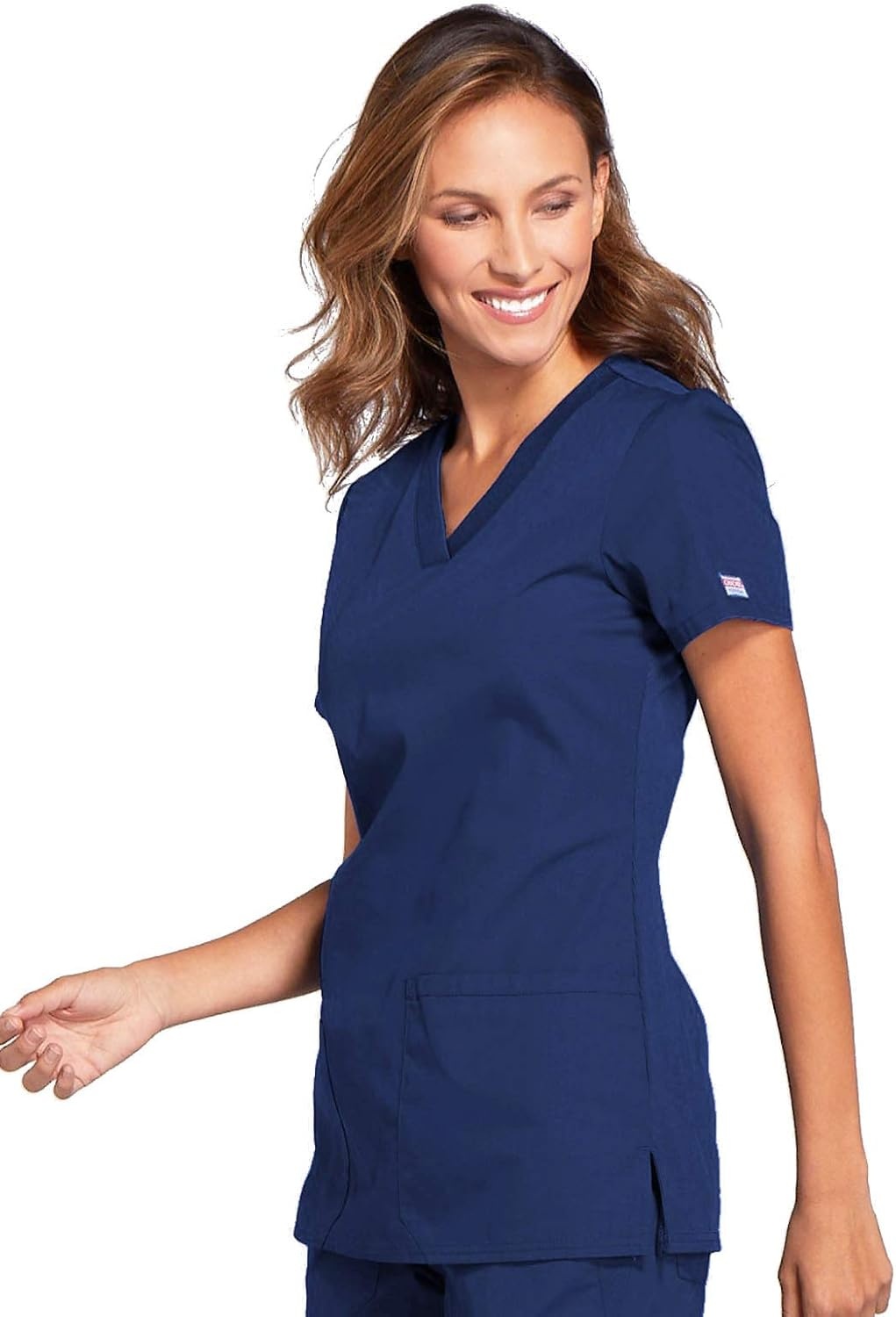 image:imageCherokee WW Originals Womens VNeck Scrub Top Nurse Shirt with 3 Pockets Poplin Fabric Fade Resistant Slim Contemporary Fit RibKnit Side Panels All Day Comfort Easy Care For Healthcare ShiftsNavy