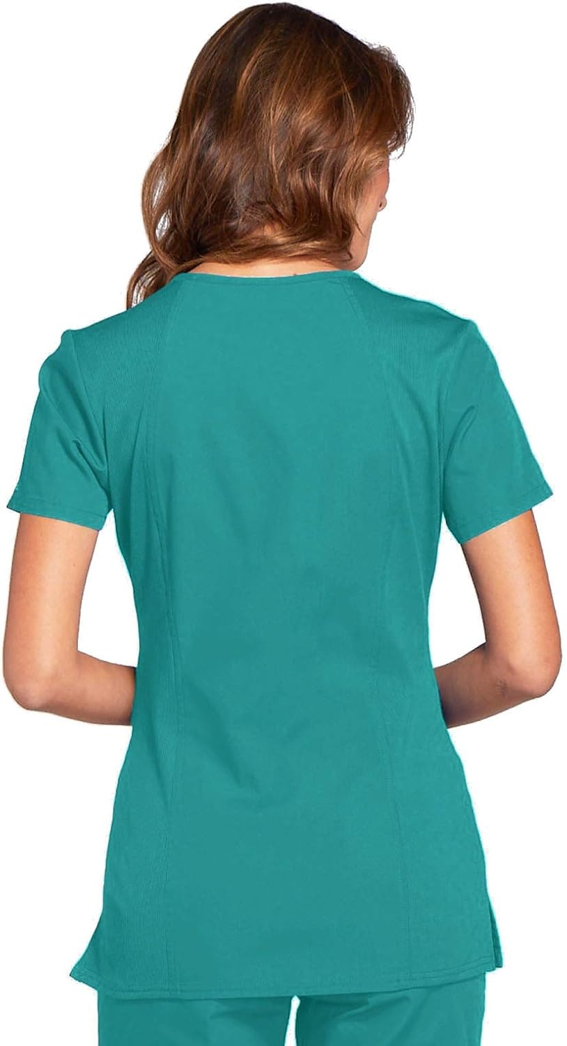 image:imageCherokee WW Originals Womens VNeck Scrub Top Nurse Shirt with 3 Pockets Poplin Fabric Fade Resistant Slim Contemporary Fit RibKnit Side Panels All Day Comfort Easy Care For Healthcare ShiftsTeal Blue