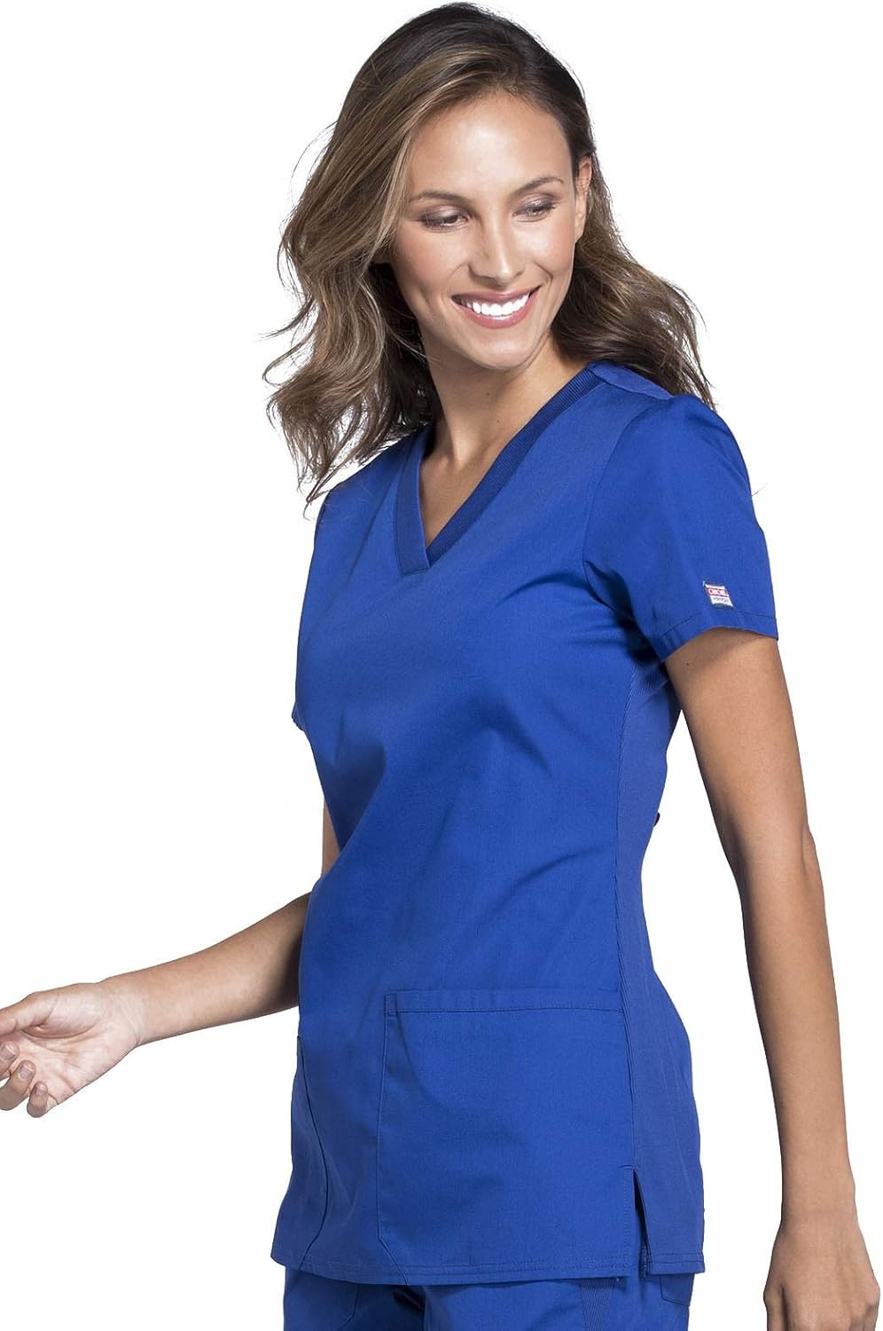 image:imageCherokee WW Originals Womens VNeck Scrub Top Nurse Shirt with 3 Pockets Poplin Fabric Fade Resistant Slim Contemporary Fit RibKnit Side Panels All Day Comfort Easy Care For Healthcare ShiftsGalaxy Blue