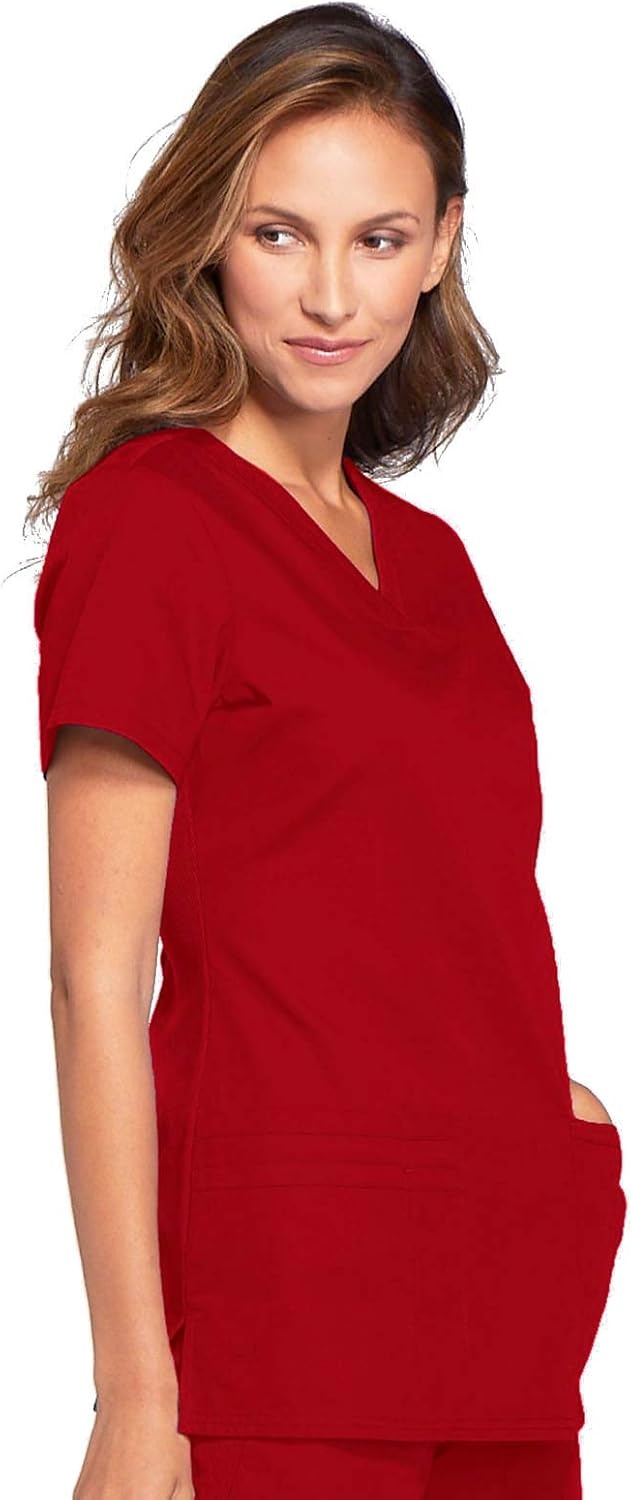 image:imageCherokee WW Originals Womens VNeck Scrub Top Nurse Shirt with 3 Pockets Poplin Fabric Fade Resistant Slim Contemporary Fit RibKnit Side Panels All Day Comfort Easy Care For Healthcare ShiftsRed