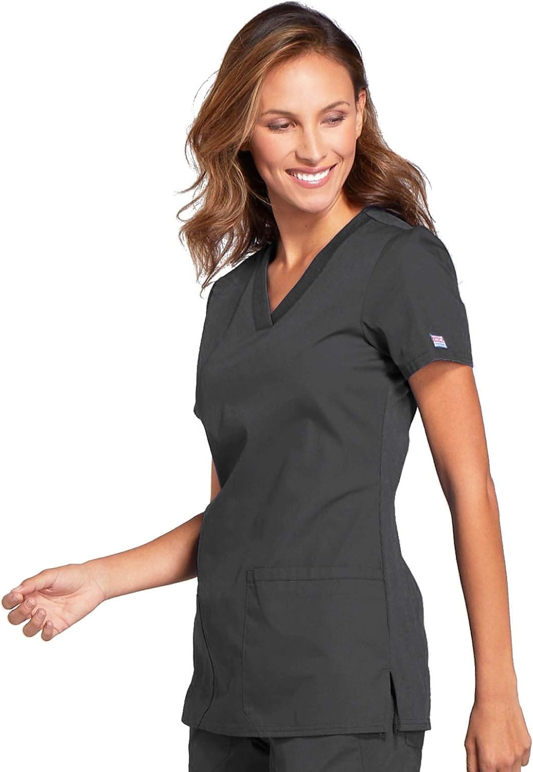 image:imageCherokee WW Originals Womens VNeck Scrub Top Nurse Shirt with 3 Pockets Poplin Fabric Fade Resistant Slim Contemporary Fit RibKnit Side Panels All Day Comfort Easy Care For Healthcare ShiftsPewter