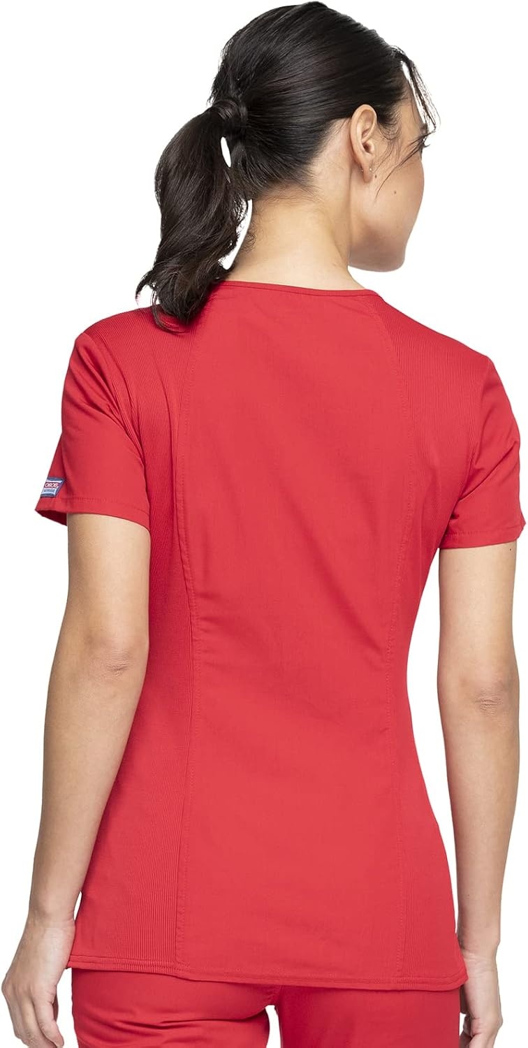 image:imageCherokee WW Originals Womens VNeck Scrub Top Nurse Shirt with 3 Pockets Poplin Fabric Fade Resistant Slim Contemporary Fit RibKnit Side Panels All Day Comfort Easy Care For Healthcare ShiftsRed