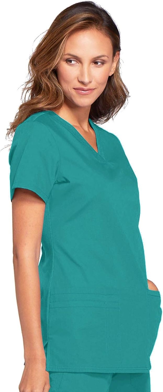 image:imageCherokee WW Originals Womens VNeck Scrub Top Nurse Shirt with 3 Pockets Poplin Fabric Fade Resistant Slim Contemporary Fit RibKnit Side Panels All Day Comfort Easy Care For Healthcare ShiftsTeal Blue