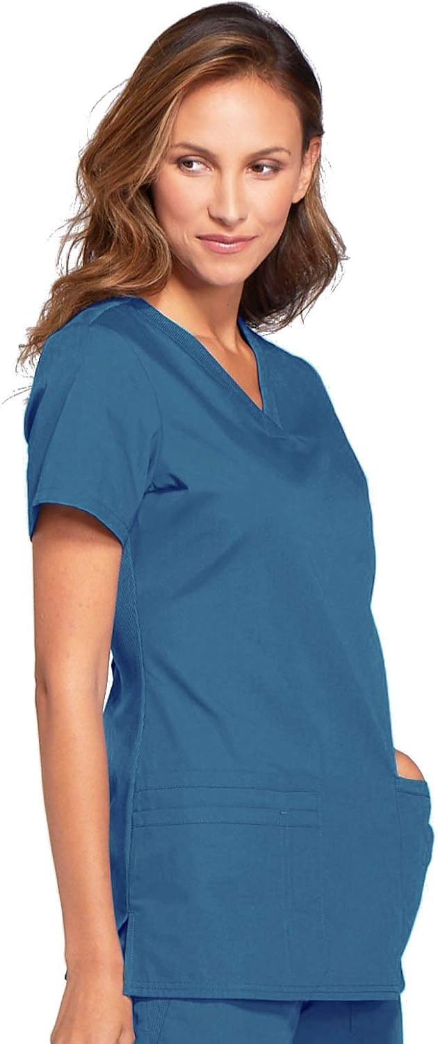 image:imageCherokee WW Originals Womens VNeck Scrub Top Nurse Shirt with 3 Pockets Poplin Fabric Fade Resistant Slim Contemporary Fit RibKnit Side Panels All Day Comfort Easy Care For Healthcare ShiftsCaribbean Blue