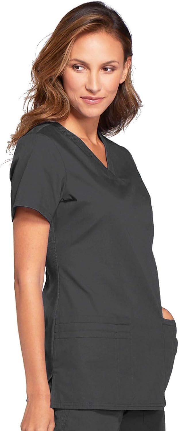 image:imageCherokee WW Originals Womens VNeck Scrub Top Nurse Shirt with 3 Pockets Poplin Fabric Fade Resistant Slim Contemporary Fit RibKnit Side Panels All Day Comfort Easy Care For Healthcare ShiftsPewter
