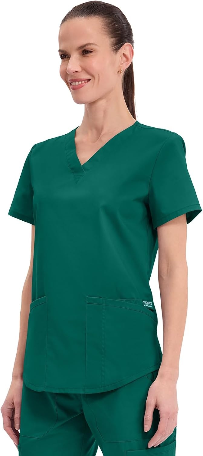 image:imageCherokee WW Professionals Scrubs for Women VNeck Top with 3 Pockets FadeResistant Soft Stretch Fabric Shirttail Hem Side Vents Comfortable Mobility Easy Care Healthcare WorkwearHunter Green