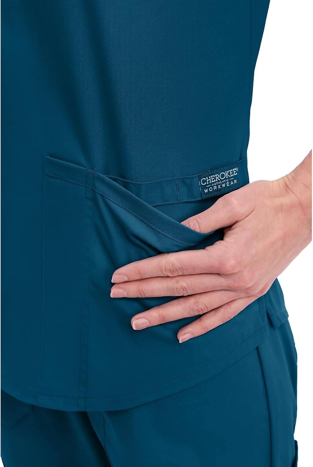 image:imageCherokee WW Professionals Scrubs for Women VNeck Top with 3 Pockets FadeResistant Soft Stretch Fabric Shirttail Hem Side Vents Comfortable Mobility Easy Care Healthcare WorkwearCaribbean Blue