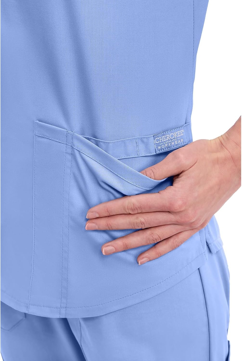 image:imageCherokee WW Professionals Scrubs for Women VNeck Top with 3 Pockets FadeResistant Soft Stretch Fabric Shirttail Hem Side Vents Comfortable Mobility Easy Care Healthcare WorkwearCiel