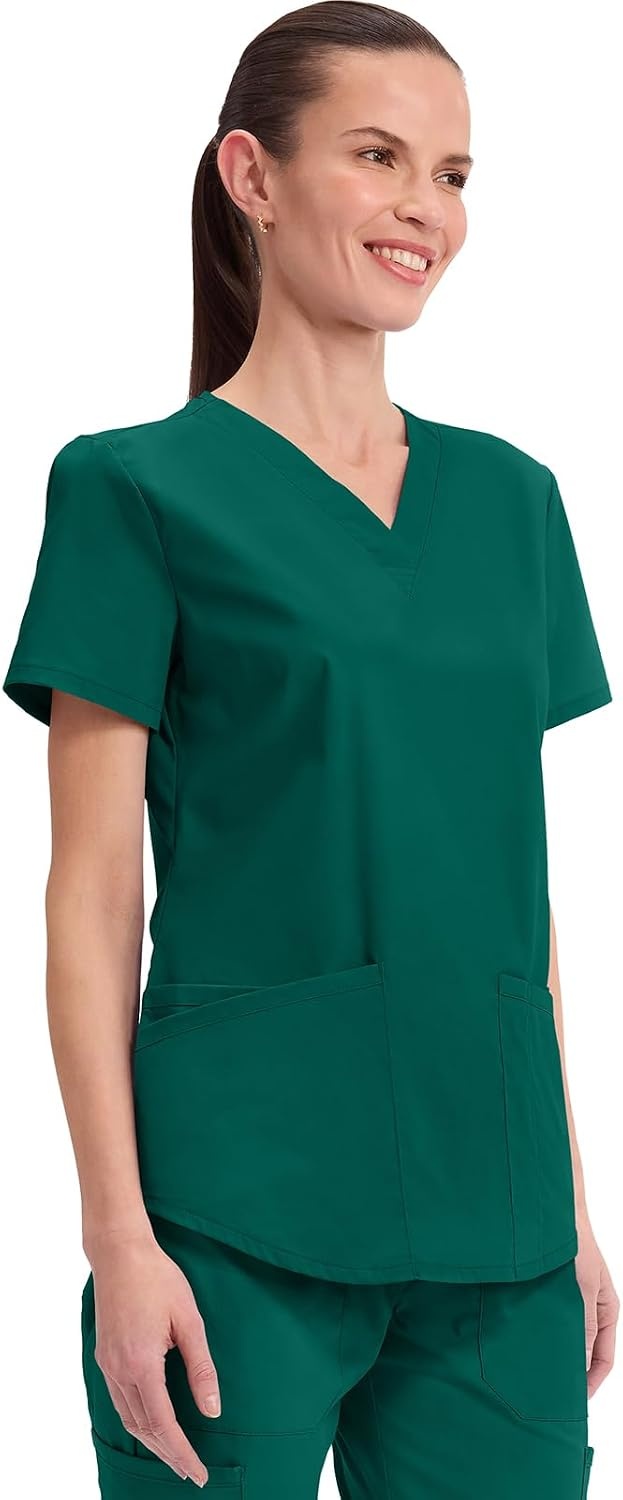 image:imageCherokee WW Professionals Scrubs for Women VNeck Top with 3 Pockets FadeResistant Soft Stretch Fabric Shirttail Hem Side Vents Comfortable Mobility Easy Care Healthcare WorkwearHunter Green
