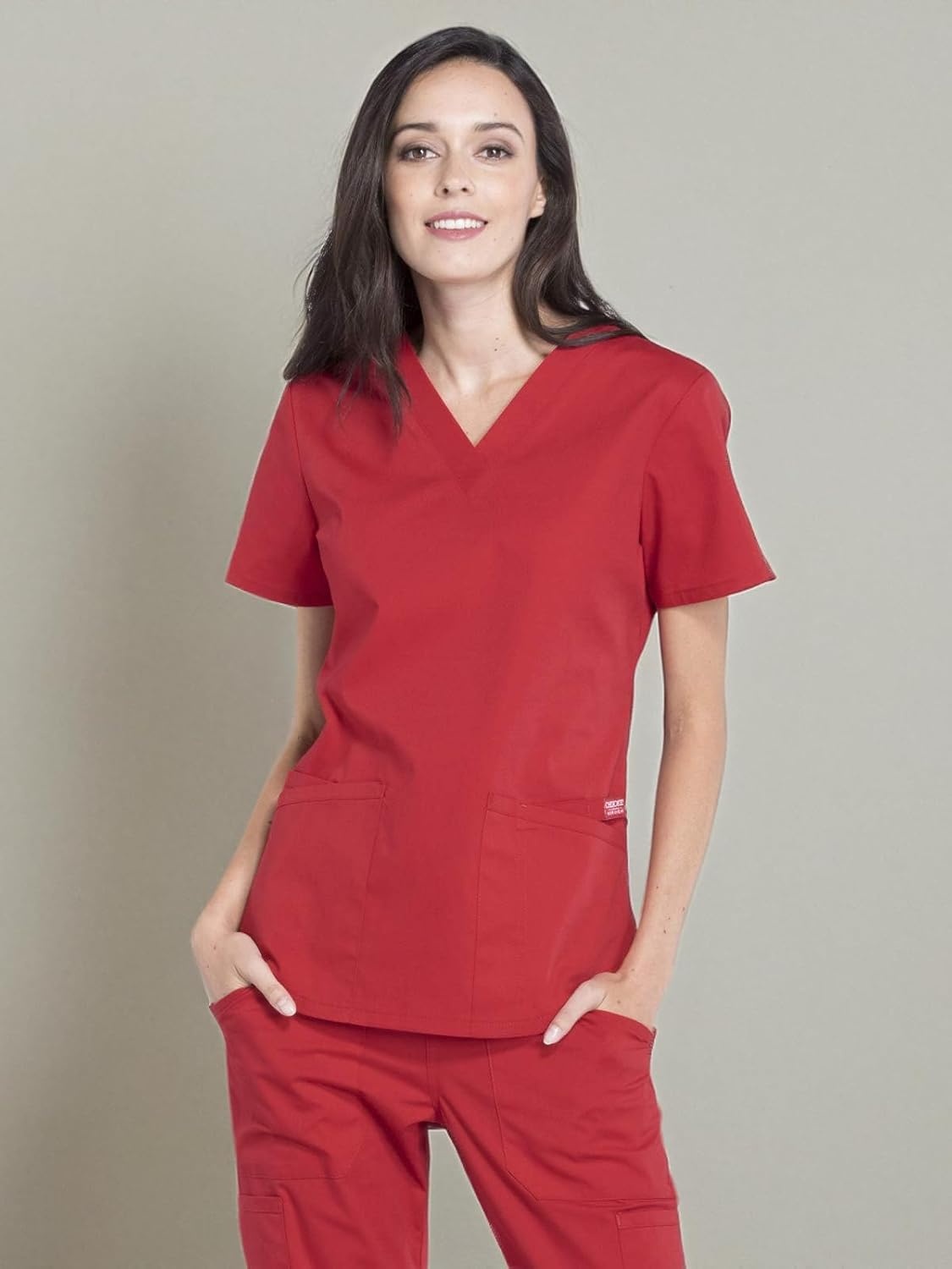 image:imageCherokee WW Professionals Scrubs for Women VNeck Top with 3 Pockets FadeResistant Soft Stretch Fabric Shirttail Hem Side Vents Comfortable Mobility Easy Care Healthcare WorkwearRed