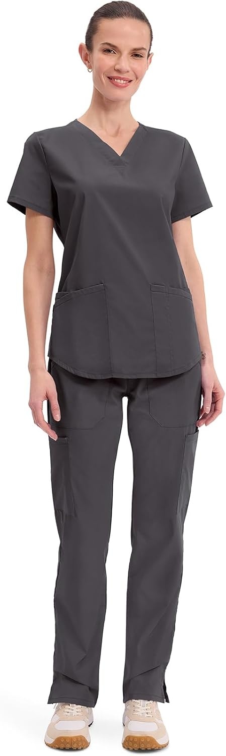 image:imageCherokee WW Professionals Scrubs for Women VNeck Top with 3 Pockets FadeResistant Soft Stretch Fabric Shirttail Hem Side Vents Comfortable Mobility Easy Care Healthcare WorkwearPewter