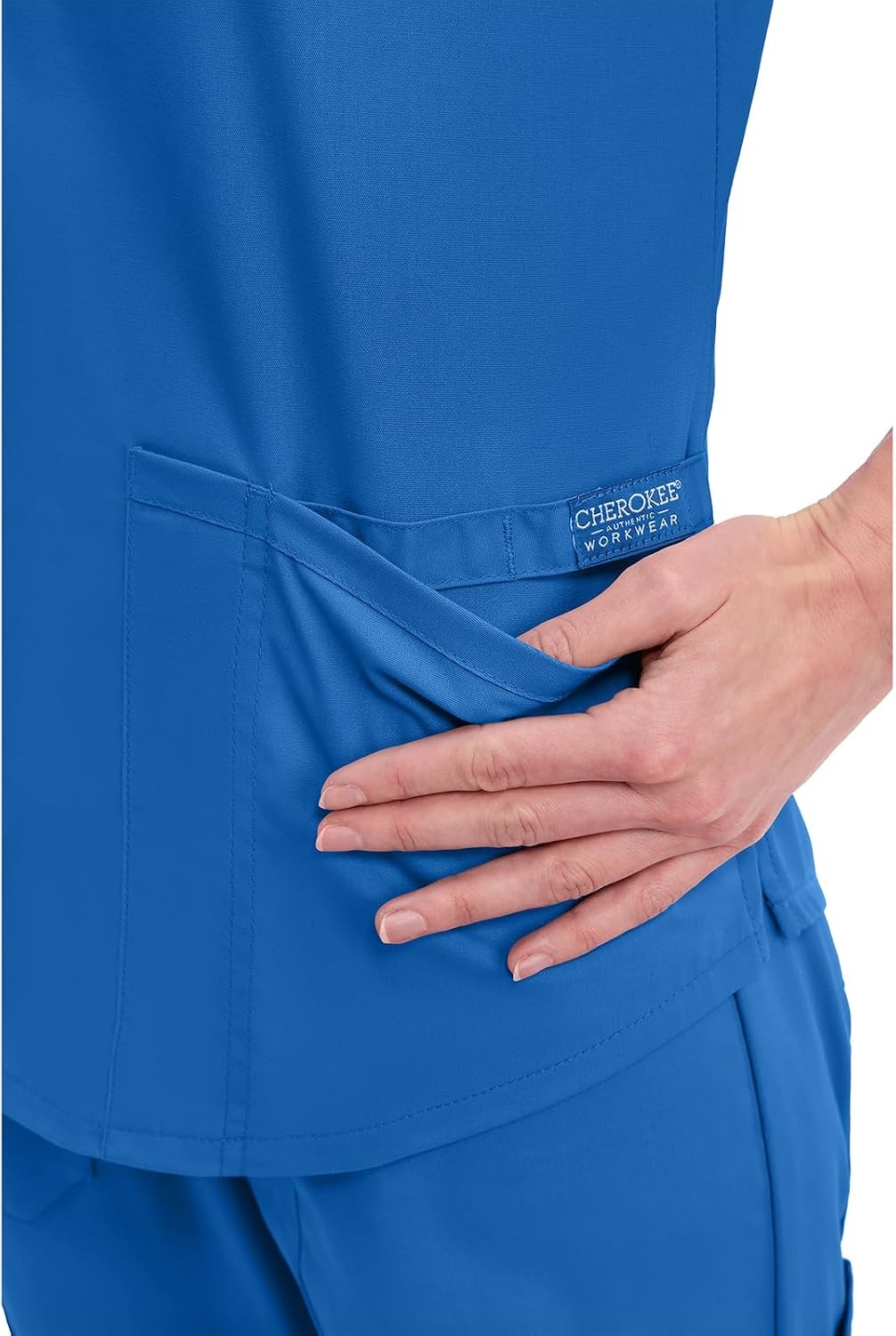image:imageCherokee WW Professionals Scrubs for Women VNeck Top with 3 Pockets FadeResistant Soft Stretch Fabric Shirttail Hem Side Vents Comfortable Mobility Easy Care Healthcare WorkwearRoyal