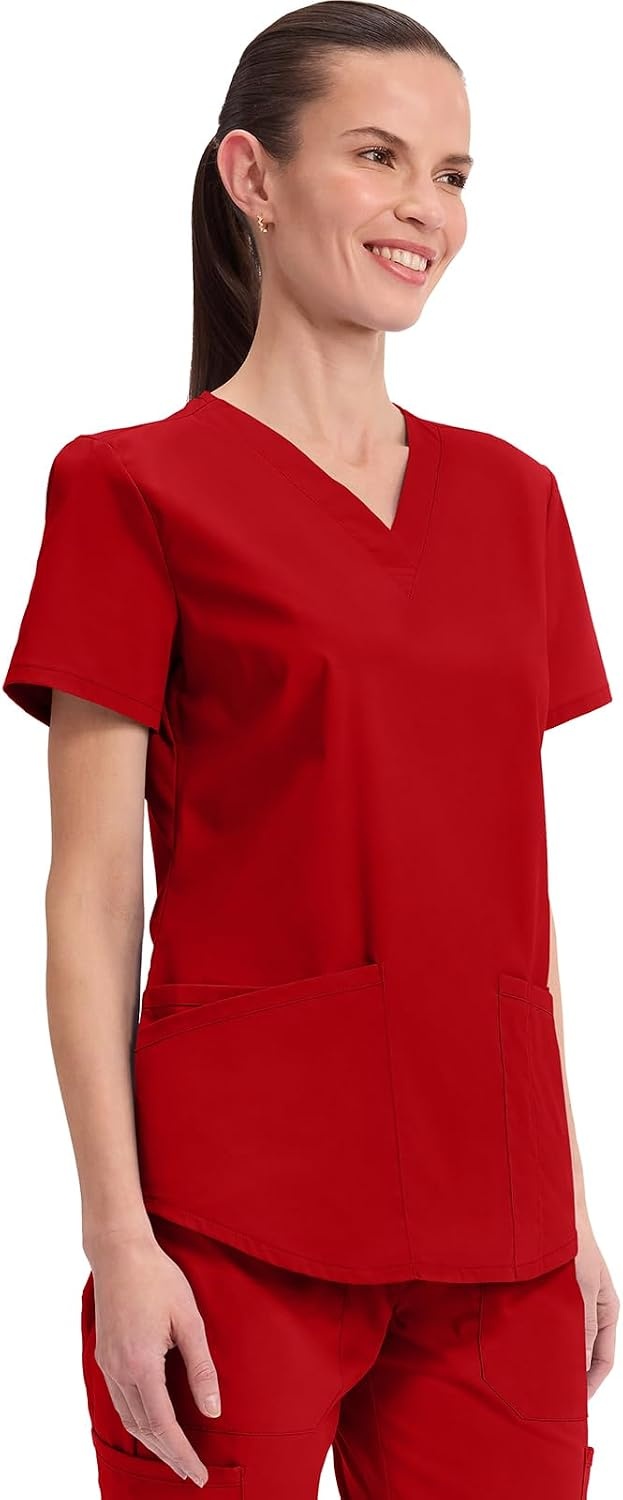 image:imageCherokee WW Professionals Scrubs for Women VNeck Top with 3 Pockets FadeResistant Soft Stretch Fabric Shirttail Hem Side Vents Comfortable Mobility Easy Care Healthcare WorkwearRed
