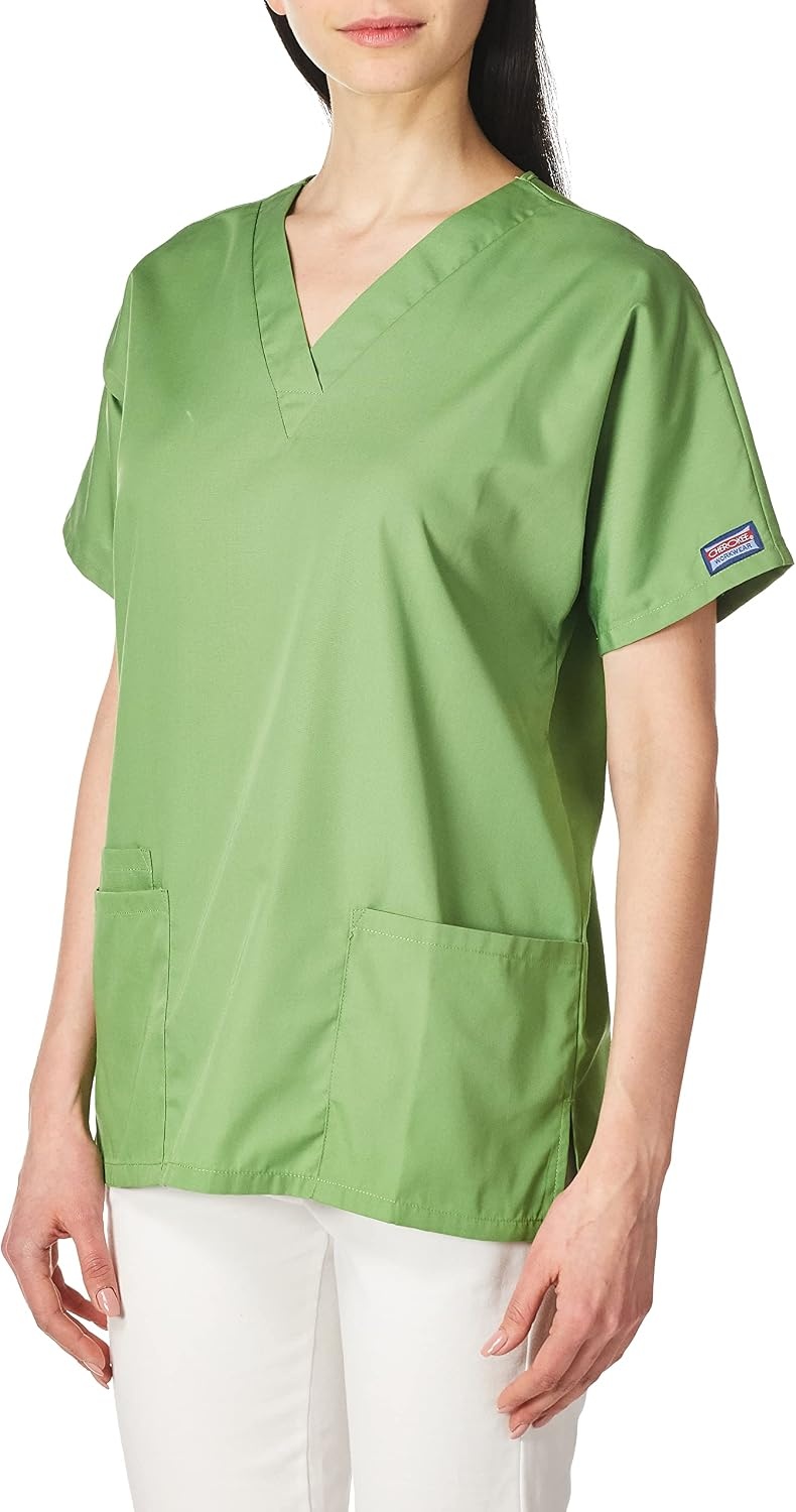 image:imageCherokee WW Professionals Scrubs for Women VNeck Top with 3 Pockets FadeResistant Soft Stretch Fabric Shirttail Hem Side Vents Comfortable Mobility Easy Care Healthcare WorkwearAloe