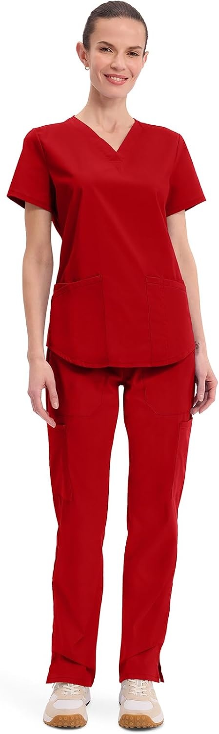 image:imageCherokee WW Professionals Scrubs for Women VNeck Top with 3 Pockets FadeResistant Soft Stretch Fabric Shirttail Hem Side Vents Comfortable Mobility Easy Care Healthcare WorkwearRed