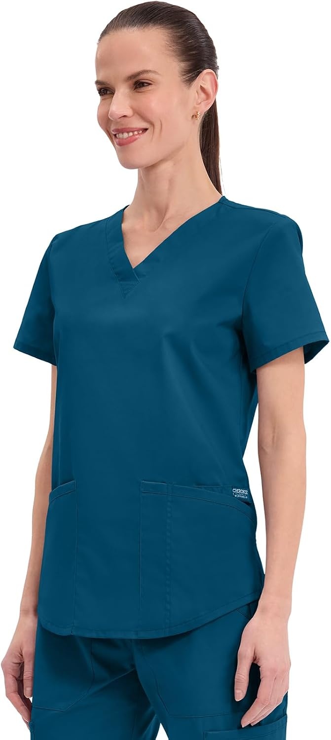 image:imageCherokee WW Professionals Scrubs for Women VNeck Top with 3 Pockets FadeResistant Soft Stretch Fabric Shirttail Hem Side Vents Comfortable Mobility Easy Care Healthcare WorkwearCaribbean Blue